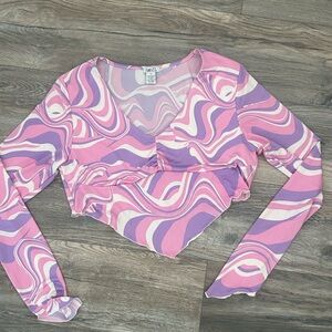 Rue 21 pink purple groovy crop top long sleeve size XL